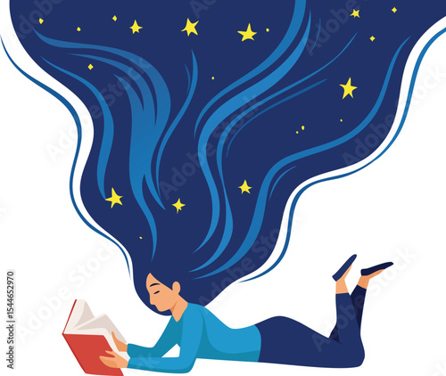 A minimalist vector flat illustration of a woman lying on her stomach while reading, with long dark blue flowing hair that transforms into a cosmic starry sky