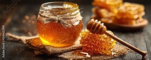 Golden Honey in Glass Jar with Honeycomb and Wooden Drizzler on Rustic Wooden Background in Warm Natural Light