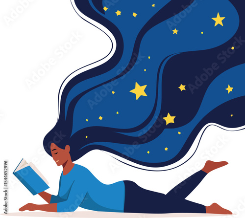A minimalist vector flat illustration of a woman lying on her stomach while reading, with long dark blue flowing hair that transforms into a cosmic starry sky