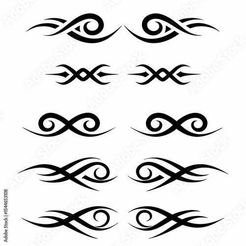 Design a tattoo incorporating tribal symbols arranged in a flowing ribbon style.  Include bold lines and intricate details.