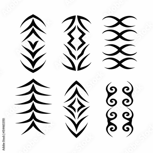 Create a vector icon set featuring stylized rib cage designs in a tribal linework style.  Include variations in detail and orientation.