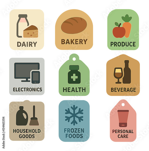 Category Icon Set. Flat icon set of category signage: dairy icon, bakery label, produce tag, electronics sign,