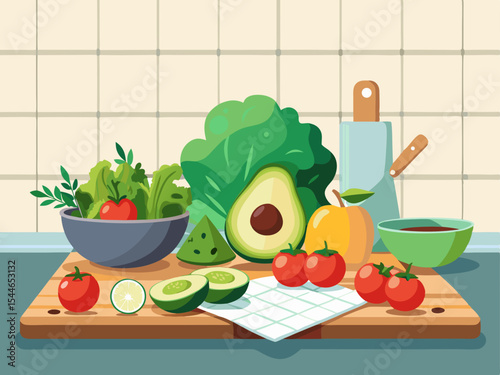 Fresh Produce Kitchen Scene: Vibrant Avocado, Tomatoes, and Salad Greens on a Wooden Cutting Board, Perfect for Healthy Food Branding or Recipe Websites