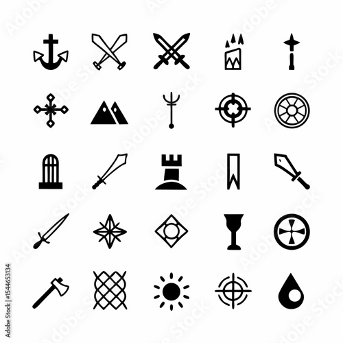 Design a set of stylized icons depicting ritual weapons and artifacts, suitable for a game or website, emphasizing ancient and mystical themes.