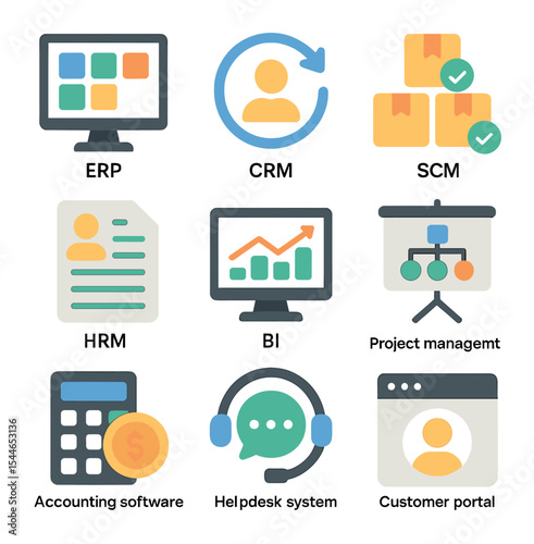 Enterprise Software Icons. Flat icon set of enterprise software systems: ERP, CRM, SCM, HRM, accounting
