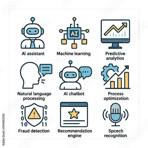 AI Business Icon Set. Flat icon set of AI in business: AI assistant, machine learning model, predictive