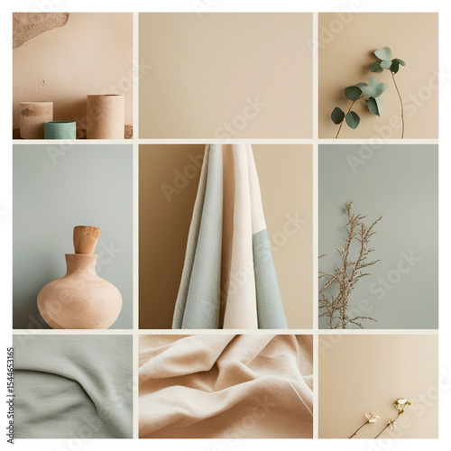 Mood board Natural harmony. Set of natural elements, votanika and clay, textile and canvas. Generated AI.