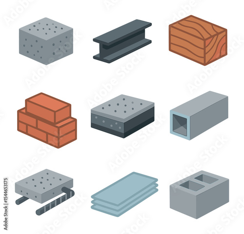 Construction Material Icons. Flat icon set of construction materials for load-bearing elements: concrete,