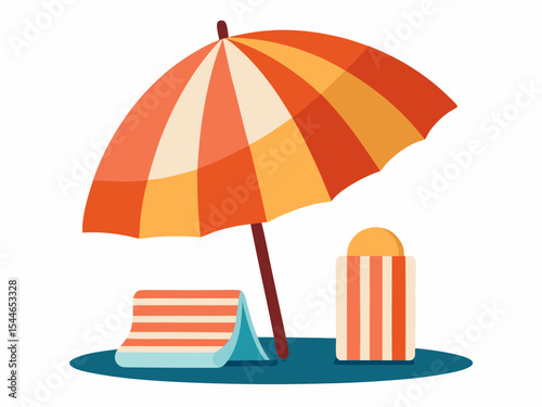 Summer Beach Scene Design featuring a Striped Umbrella Towel and Sunscreen for Vacation Branding