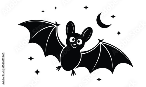 A cute bat flying in the night sky, a charming cartoon vector illustration. This adorable kawaii character features a friendly smiling face and big eyes, surrounded by a crescent moon and stars