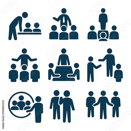 Power Dynamics Icons. Flat icon set of power dynamics in group interaction: leader leaning in, team listening,