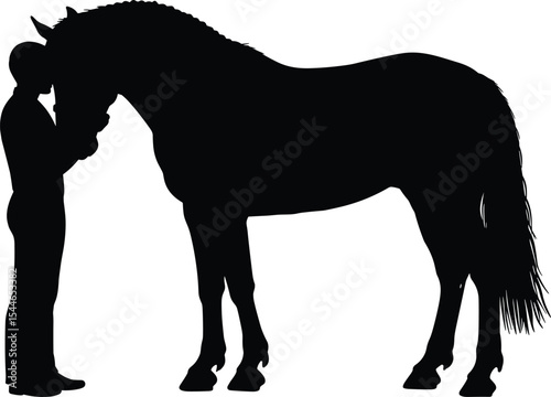 Silhouette of man bonding with horse, love, connection, animal care, trust, equestrian, peaceful, calm, friendship, rural life, farm relationship, serenity