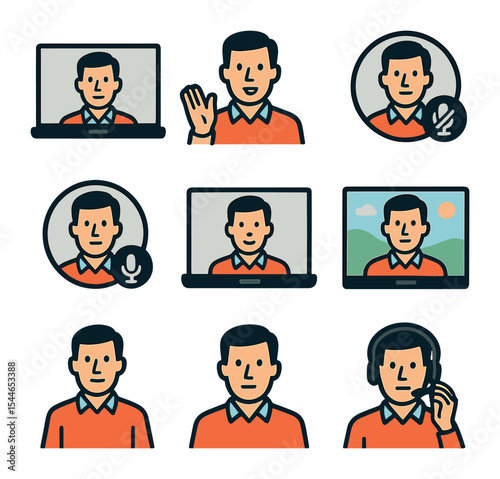 Virtual Meeting Icons. Flat icon set of leadership presence in virtual meetings: facing webcam, speaking hand