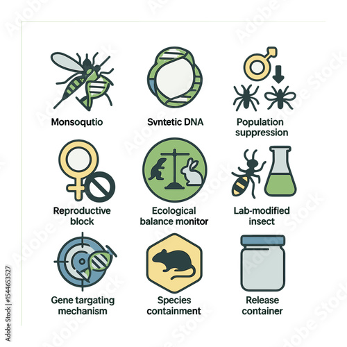 Gene Drive Icons. Flat icon set of gene drives for invasive species control: gene drive mosquito, synthetic