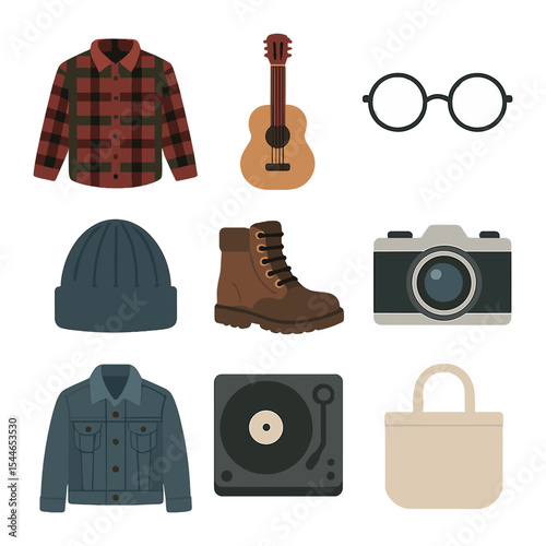 Indie Fashion Icons. Flat icon set of indie music and fashion: flannel shirt, acoustic guitar, round glasses,
