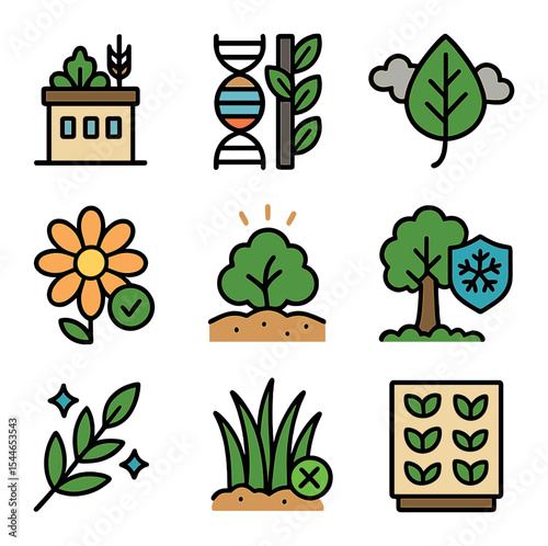 Engineered Plant Icon Set. Flat icon set of engineered plants for urban resilience: rooftop crop, vertical