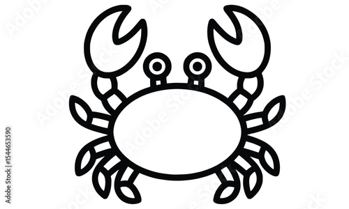 Simple crab icon vector illustration in a clean black and white outline style. This minimalist line art drawing features a stylized crustacean