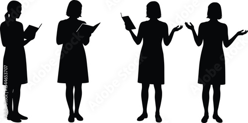 Silhouette of woman reading book, public speaking, presenting information, standing pose, storytelling gesture, black and white vector art, communication, education, literature scene.