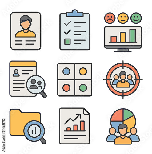 Market Research Icons. Flat icon set of market research and insights: user persona, survey form, feedback