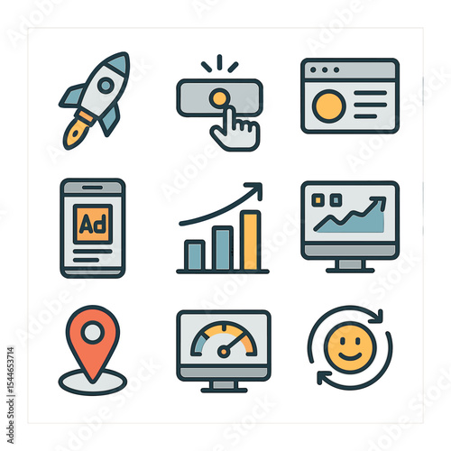 Campaign Icons Grid. Flat icon set of campaign launch and tracking: launch rocket, publish button, campaign go