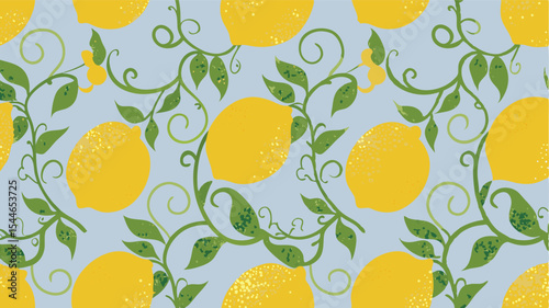 A repeating pattern of lemons and vines with leaves on a light blue background creating a fresh look