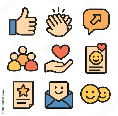 Encouragement Icon Set. Flat icon set of encouragement and kindness: thumbs up, clapping hands, support group,