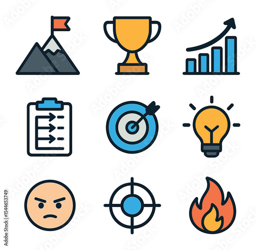 Motivation Icon Set. Flat icon set of motivation and inspiration: mountain peak, trophy icon, success graph,