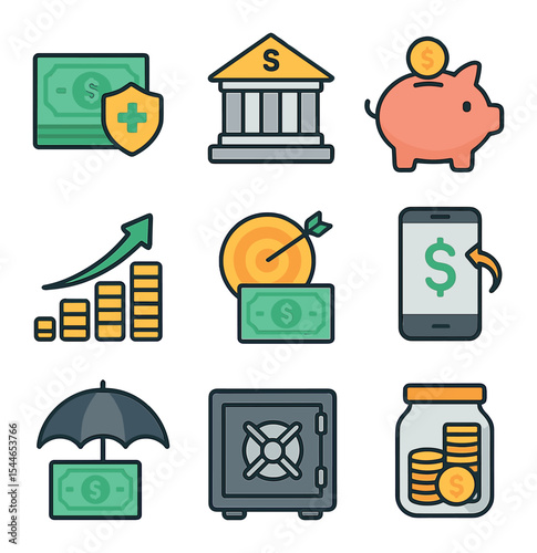 Saving Strategies Icons. Flat icon set of saving strategies: emergency fund, savings account, piggy bank,