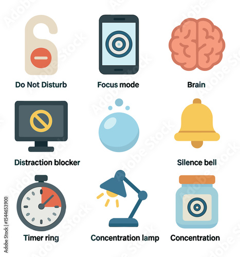Focus Tools Icons. Flat icon set of focus and concentration tools: do not disturb sign, focus mode app, brain