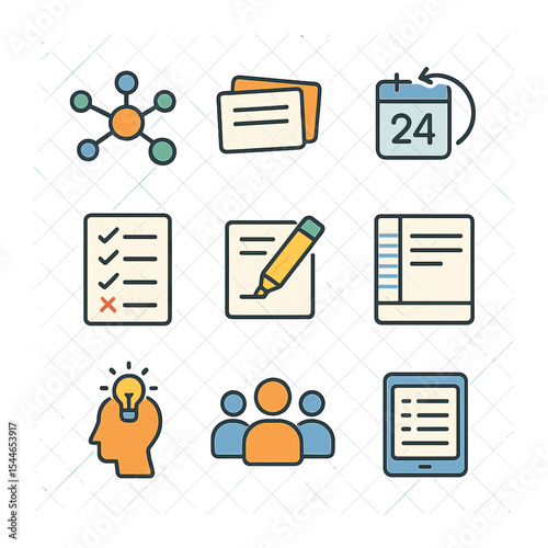 Study Techniques Icons. Flat icon set of study techniques: mind map, flashcards, spaced repetition, practice