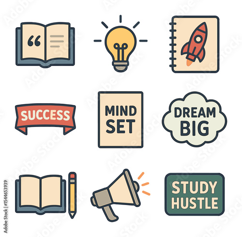 Motivational Study Icons. Flat icon set of motivational study quotes and visuals: open book with quote,