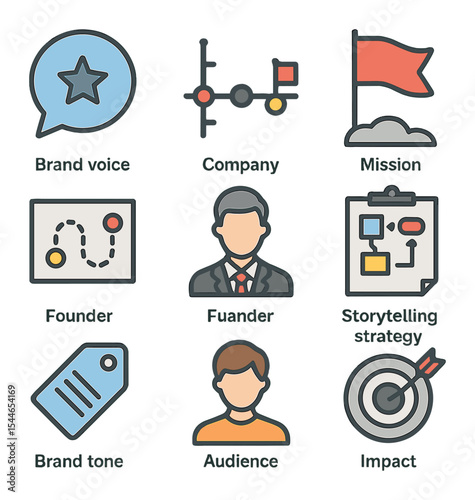 Brand Story Icons. Flat icon set of brand storytelling visuals: brand voice bubble, company timeline, mission