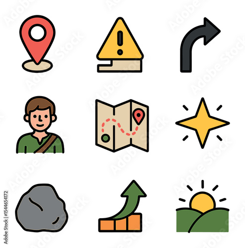 Journey Icons Grid. Flat icon set of journey-based storytelling: starting point, challenge icon, turning point