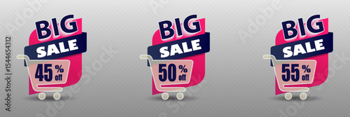 Big sale banner with shopping cart and modern pink and blue design elements.