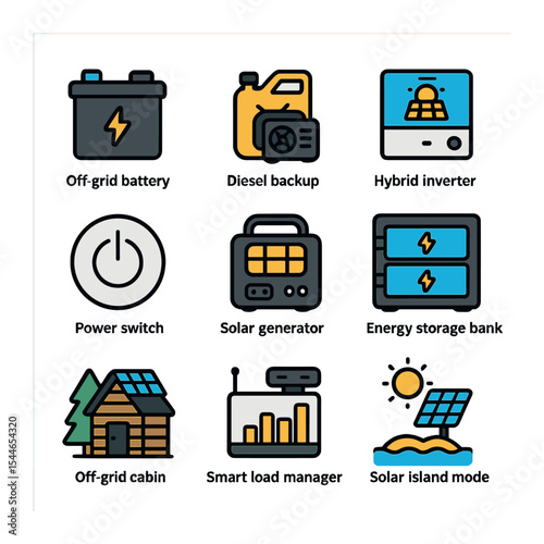 Solar System Icon Set. Flat icon set of hybrid and off-grid solar systems: off-grid battery, diesel backup,