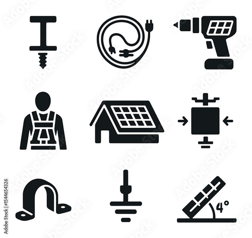 Solar Installation Tools Icons. Flat icon set of solar installation tools: mounting bracket, wiring kit, drill