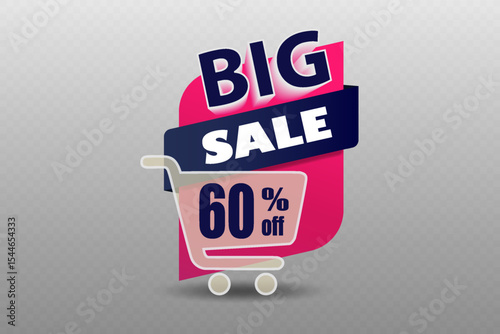 Big sale banner with shopping cart and modern pink and blue design elements.