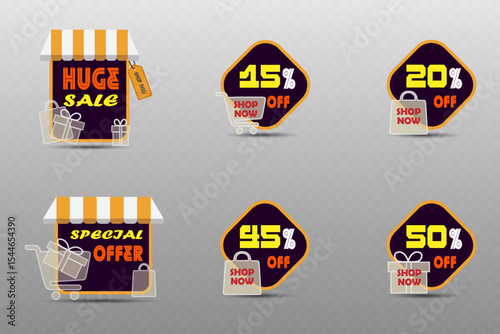 Set of sale and discount labels with gift boxes, shopping bags and storefront icons.