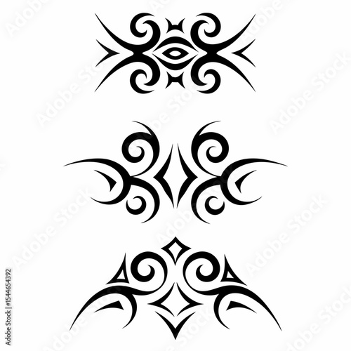 Design a set of shadowed tribal tattoo outline icons, featuring diverse patterns and styles.  Include both simple and complex designs.