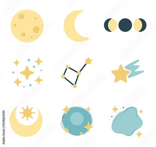 Celestial Energy Icons. Flat icon set of moon and celestial energy: full moon, crescent moon, moon phases,