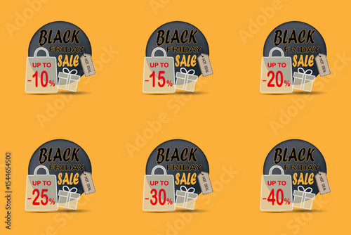 Black friday sale banner with discount shopping bag, gift box and hot deal tag.
