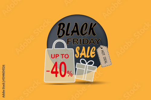 Black friday sale banner with discount shopping bag, gift box and hot deal tag.