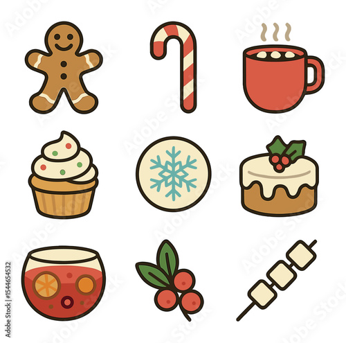 Holiday Treat Icons. Flat icon set of holiday party treats: gingerbread cookie, candy cane, hot cocoa mug,