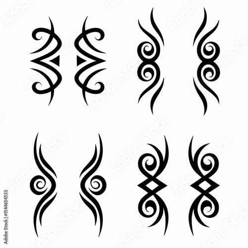 Design a set of tribal-style line art snake tattoo icons, emphasizing intricate details and symbolic power.  Include various snake poses and styles.