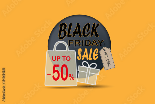 Black friday sale banner with discount shopping bag, gift box and hot deal tag.