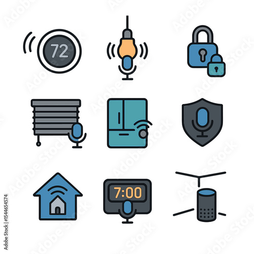 Smart Home Icon Grid. Flat icon set of voice-controlled smart home: smart thermostat, voice-activated lights,
