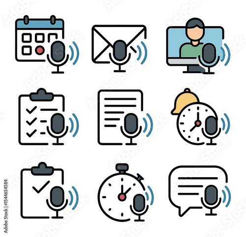 Voice Command Icons. Flat icon set of voice command for productivity: voice calendar input, speech-to-email
