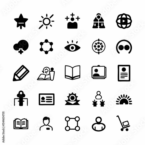Design a set of vibrant icons representing storytelling and oral tradition, including elements like storytellers, ancient scrolls, listening audiences, and traditional instruments.