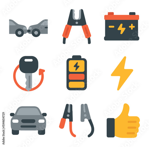 Car Jump-Start Icons. Flat icon set of jump-start procedure steps: parked cars front-to-front, clamp