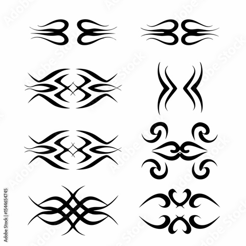 Design symmetrical, sharp, tribal-style tattoo icons.  Focus on bold lines and geometric patterns.  Include various designs.